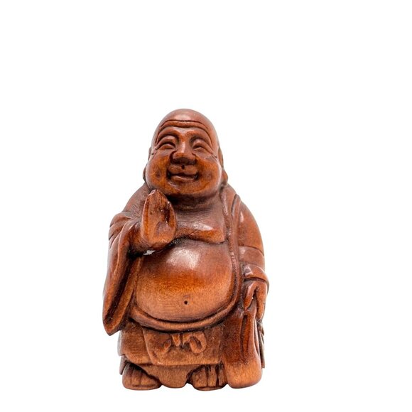 Ojime Bead Netsuke HandCarved Hotei Buddha Holding upHand Boxwood Signed No Hole - Picture 1 of 8